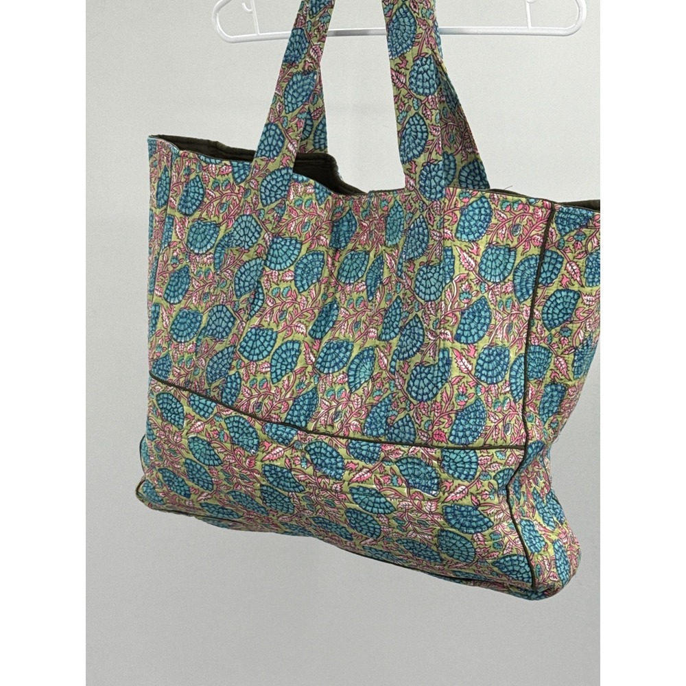 Karma Highway Quilted Cotton Tote Bag Floral Block Print Blue Green Large